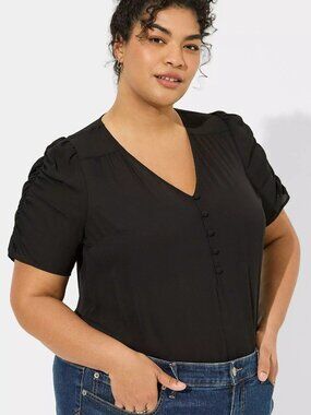 Torrid Harper Georgette Deep Black V-Neck Ruched Short Sleeve Blouse